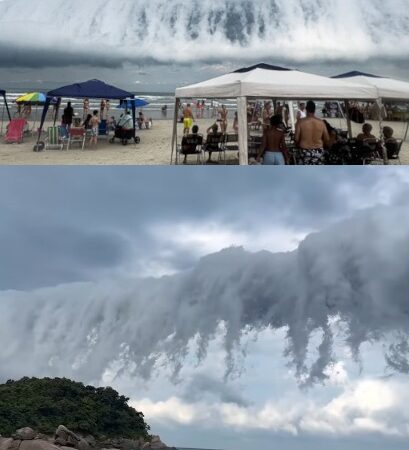 Imagens da nuvem rolo em Bertioga (acima) e Ilhabela dia 02/05/2026. Fonte: redes sociais