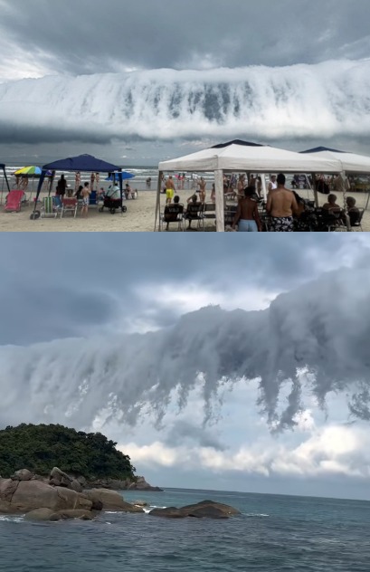 Imagens da nuvem rolo em Bertioga (acima) e Ilhabela dia 02/05/2026. Fonte: redes sociais