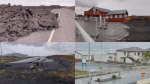 Mosaico com estragos em Grindavík causados por atividade sísmica e derramamento de lava. Fotos: ViniRoger