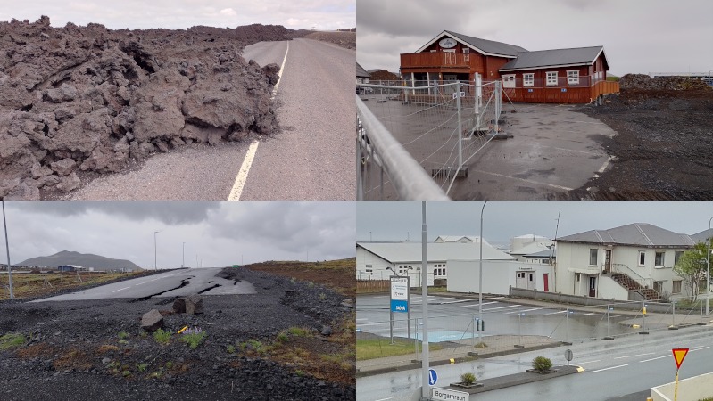 Mosaico com estragos em Grindavík causados por atividade sísmica e derramamento de lava. Fotos: ViniRoger