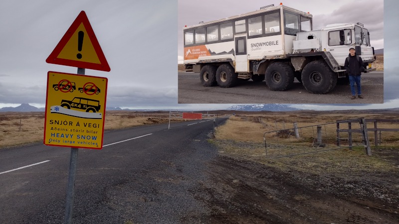 Sinalização alertando que somente veículos 4x4 XL podem seguir viagem (com exemplo desse tipo de veículo no destaque). Fotos: ViniRoger