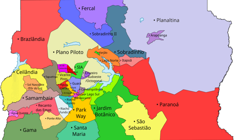 Mapa das Regiões Administrativas do Distrito Federal (Brasil) - julho de 2026. Fonte: Wikipedia