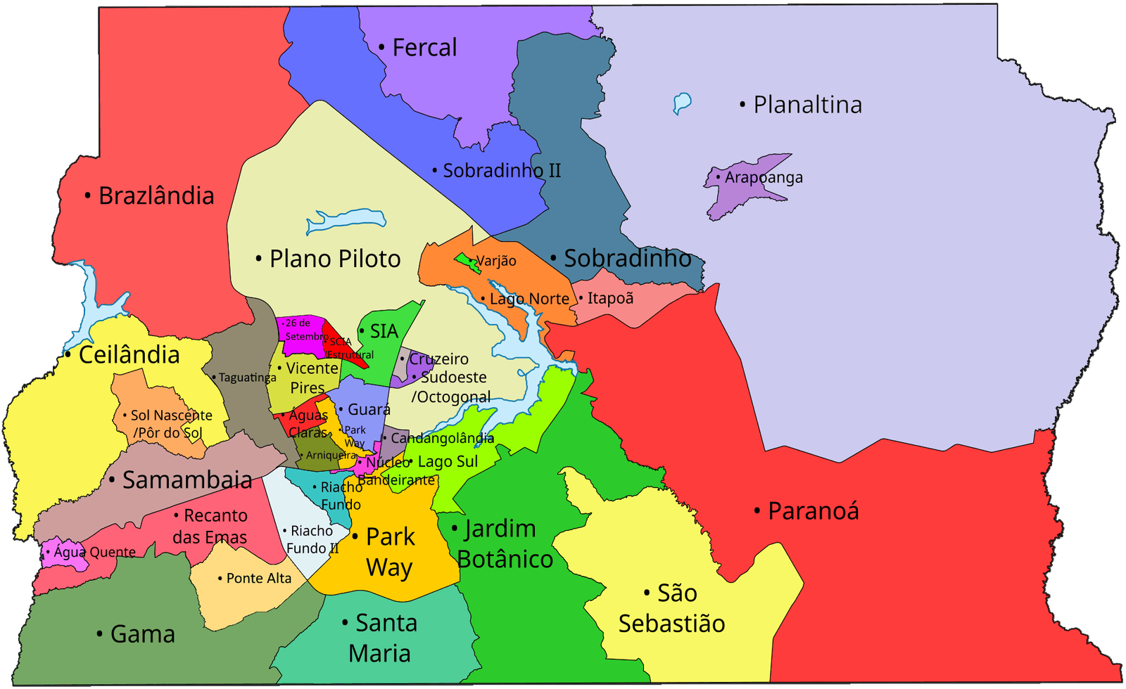 Mapa das Regiões Administrativas do Distrito Federal (Brasil) - julho de 2026. Fonte: Wikipedia