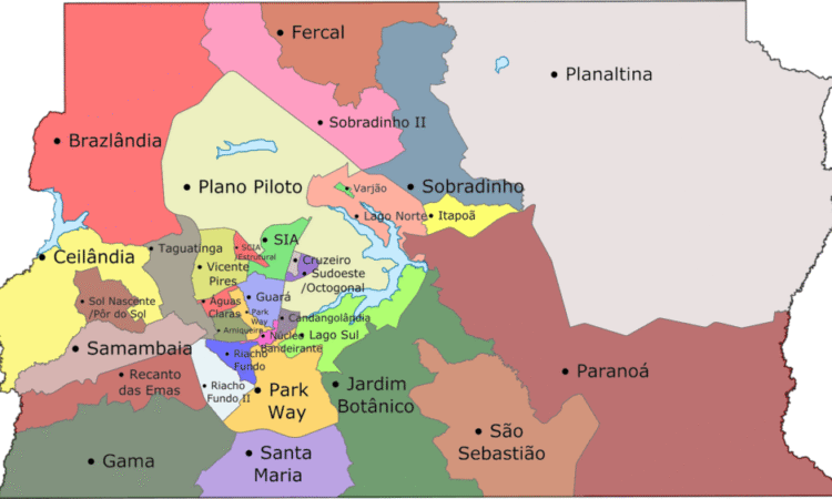 Mapa das Regiões Administrativas do Distrito Federal (Brasil). Fonte: Wikipedia