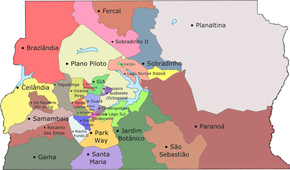 Mapa das Regiões Administrativas do Distrito Federal (Brasil). Fonte: Wikipedia
