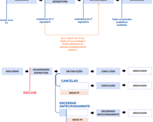 Status do Plano de Trabalho: fluxo comum e com opções de excluir, cancelar e encerrar. Fonte: manual Petrvs