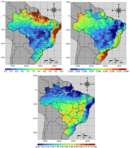 Mapas do Brasil mostrando os valores médios de DARR (à esquerda) e Ceff (à direita) e CPD (abaixo) para o período de 2020–2024