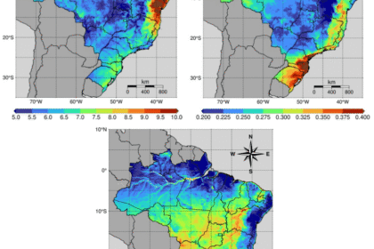 Mapas do Brasil mostrando os valores médios de DARR (à esquerda) e Ceff (à direita) e CPD (abaixo) para o período de 2020–2024