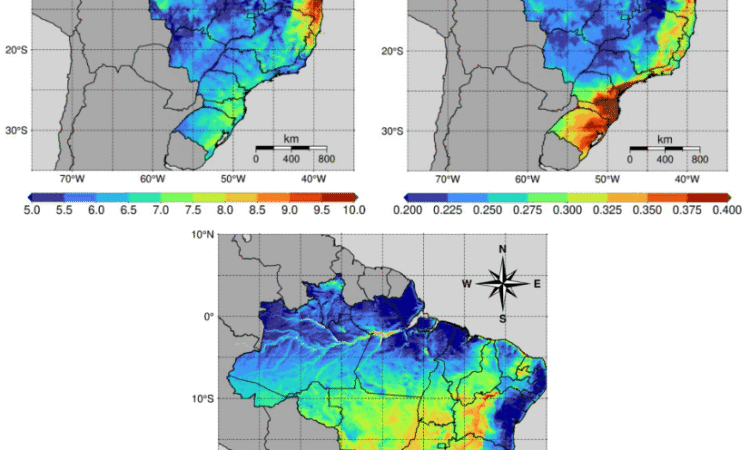 Mapas do Brasil mostrando os valores médios de DARR (à esquerda) e Ceff (à direita) e CPD (abaixo) para o período de 2020–2024